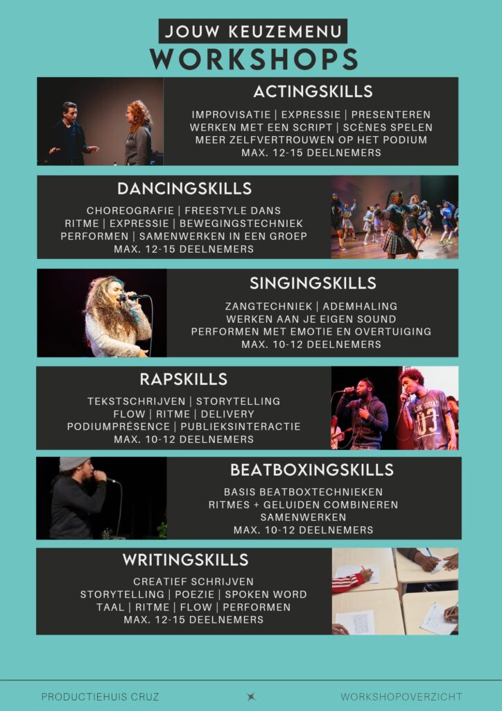 Ontdek diverse podiumkunstworkshops voor jong en oud, gegeven door fair paid zzp-coaches met ervaring, op school, in de wijk of bij Productiehuis Cruz in Rotterdam.